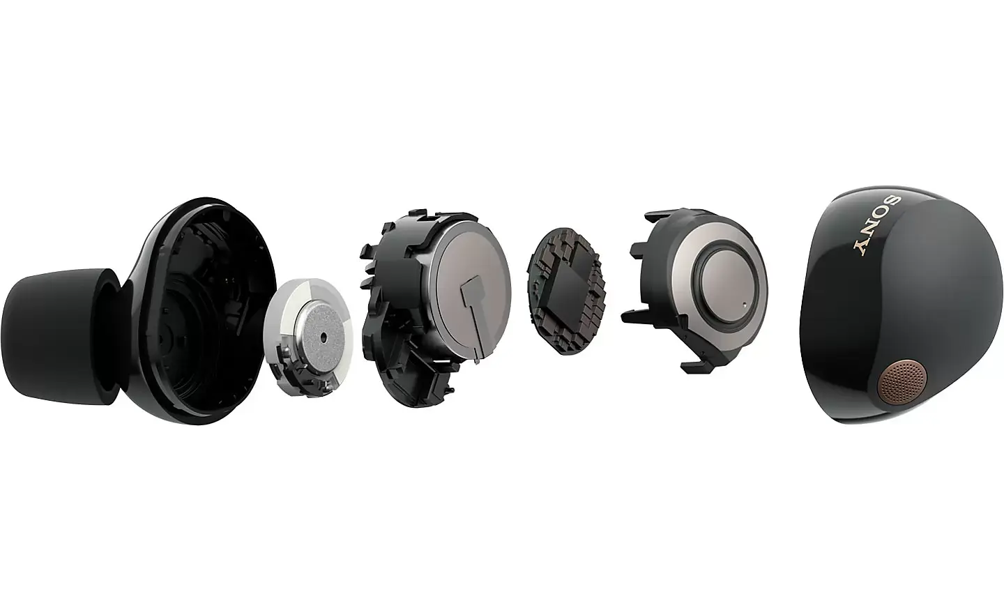 Hình ảnh WF-1000XM5 với các bộ phận bên trong được tách thành các phần riêng rẽ đặt cạnh nhau